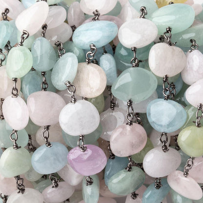 9x8-10x7mm Multi Beryl Plain Nuggets on Black Gold .925 Silver Chain by the Foot