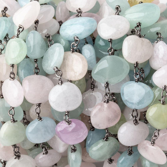 9x8-10x7mm Multi Beryl Plain Nuggets on Black Gold .925 Silver Chain by the Foot