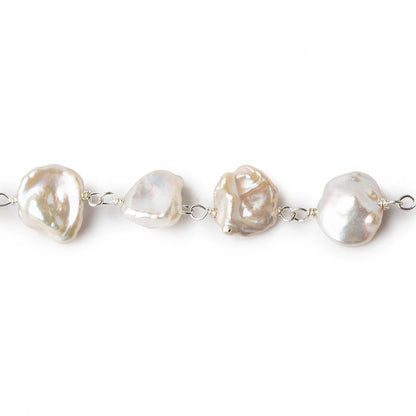 9x8mm Off White Keshi Side Drilled Pearl .925 Silver Chain by the foot 24 pearls