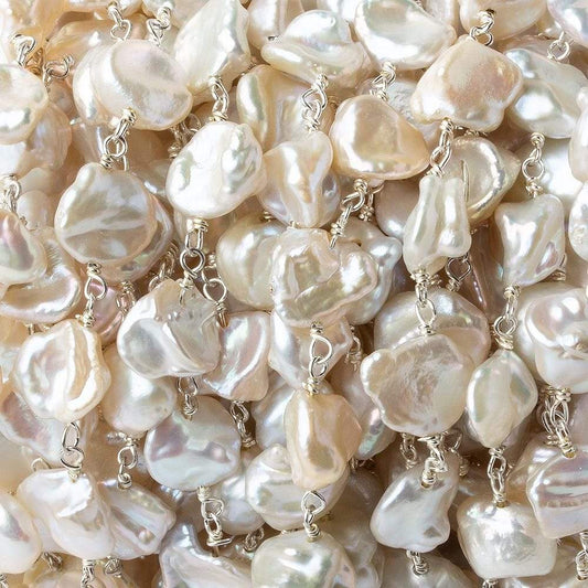 9x8mm Off White Keshi Side Drilled Pearl .925 Silver Chain by the foot 24 pearls