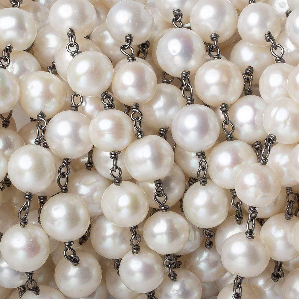 8mm Off White Off Round Pearl Black Gold .925 Silver Chain by the foot 22 pcs