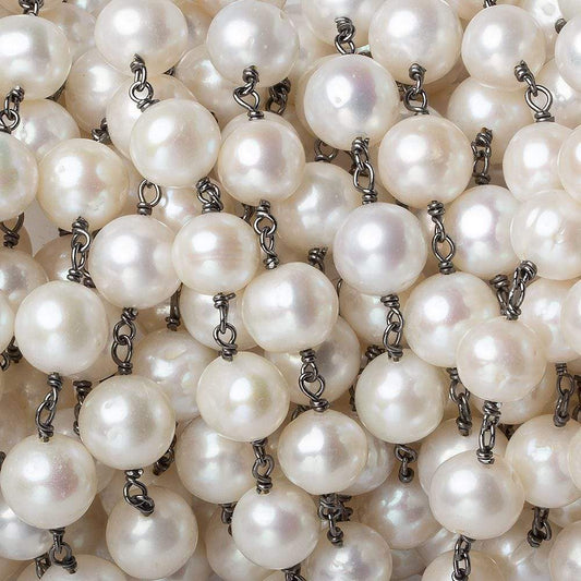8mm Off White Off Round Pearl Black Gold .925 Silver Chain by the foot 22 pcs