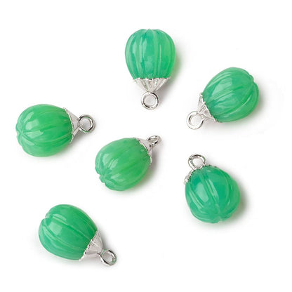 9x8mm Silver Leafed Green Onyx Carved Melon focal bead Pendant sold as 1 piece