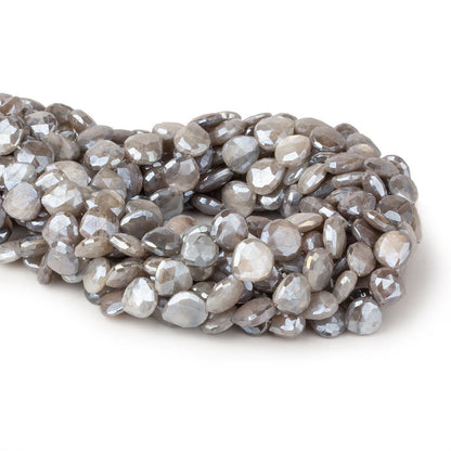 9x9-11x11mm Mystic Platinum Grey Moonstone straight drill faceted hearts 14 inch 35 beads
