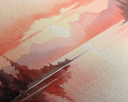 Beautiful Red Lake Sunset 3 Piece Framed Canvas Print Set, Above Sofa Art, Living Room Decor, Beautiful Wall Art, Watercolor Painting