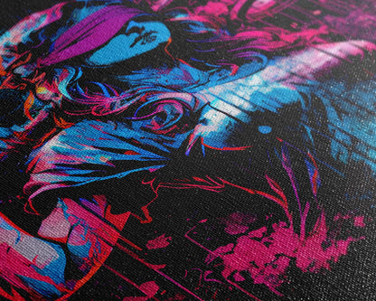 Graffiti art, lady justice, vaporwave cyberpunk justice is blind, fine art poster print