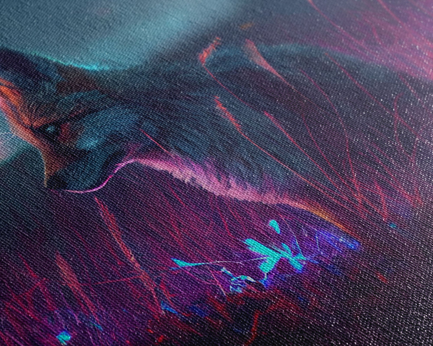 Cute animal prints, vaporwave fox hunting in the tall grass, framed canvas print