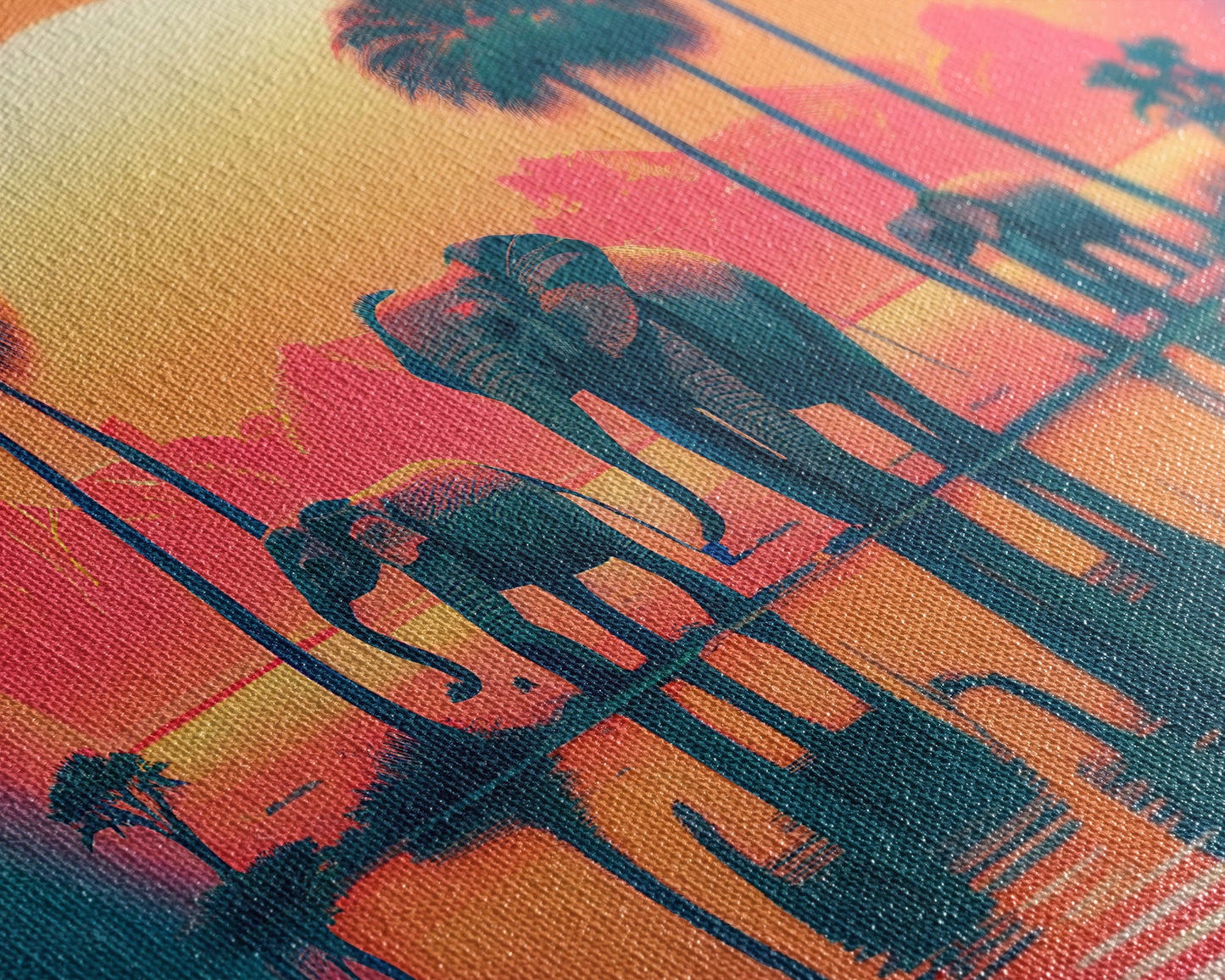 Sun beading down on a family of Elephants, framed canvas print