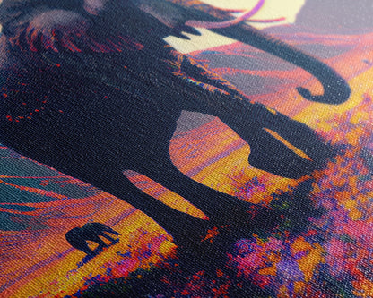 Elephants of Africa, Vibrant and colorful landscape, vaporwave, framed canvas print