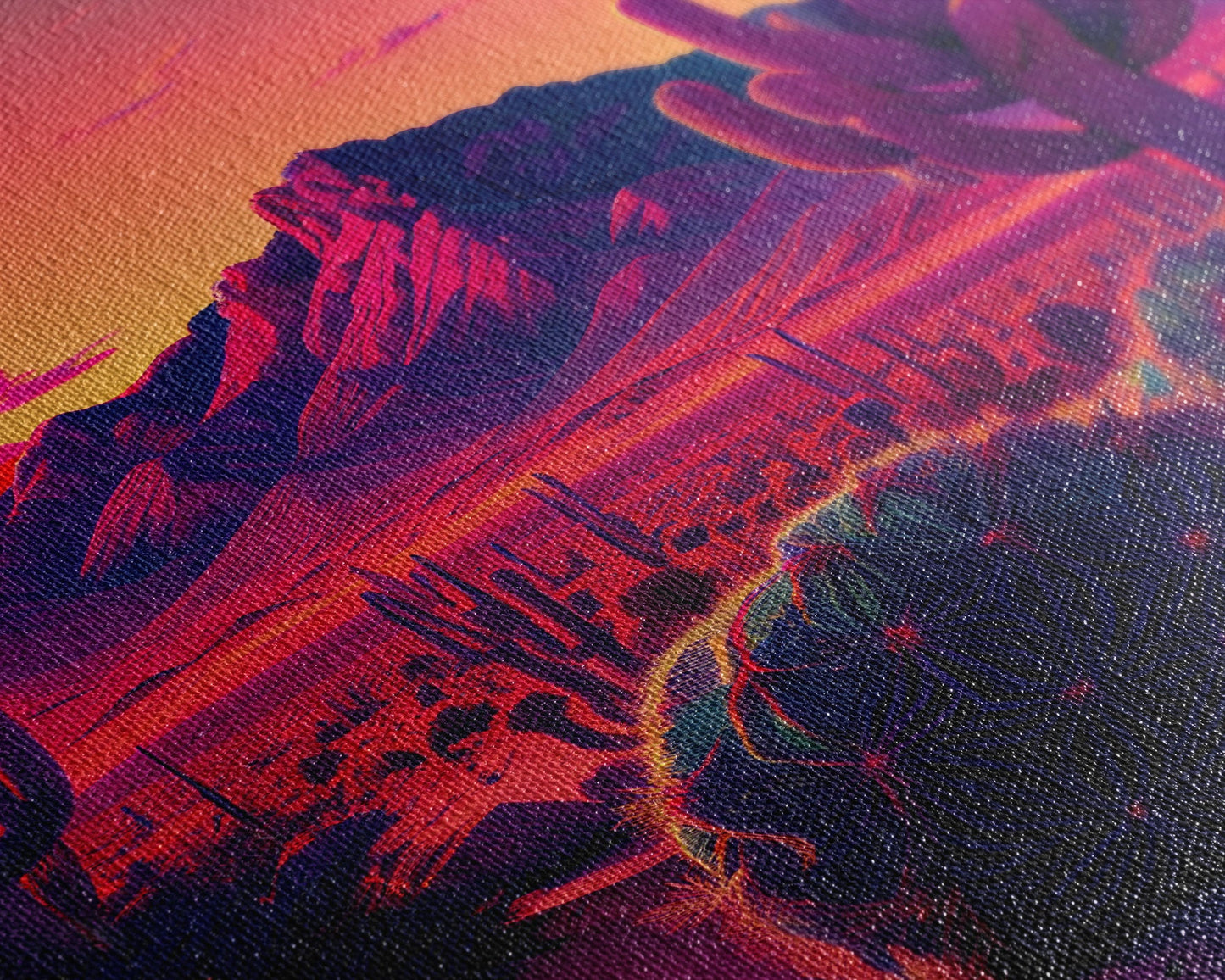 Pastel Arizona Night, Outrun Style sunset over a desert landscape with cactus, framed canvas print