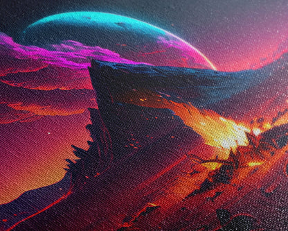 Campfire under a Full Moon, Framed canvas print, retro synthwave / outrun style primitive home decor