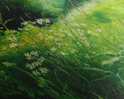 Beautiful field of wildflowers, Emerald green watercolor, framed canvas print, living room wall decor