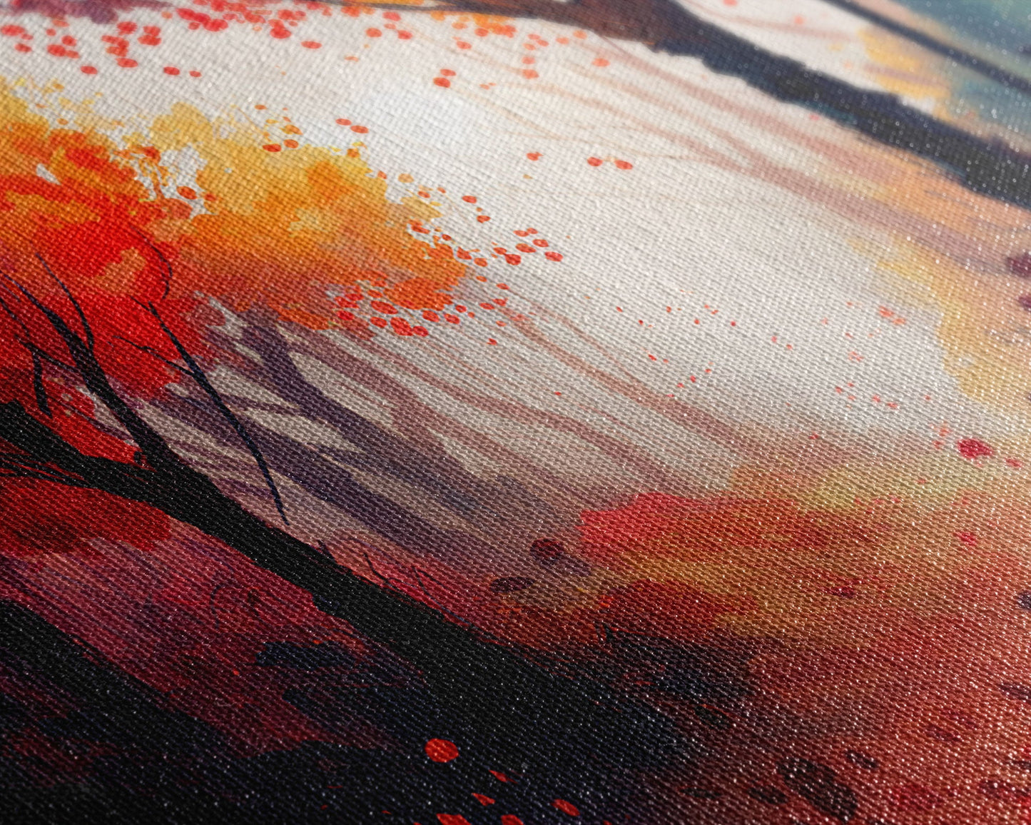 Autumn in the forest, orange and red leaves, framed canvas print, watercolor painting print on canvas, colorful wall art