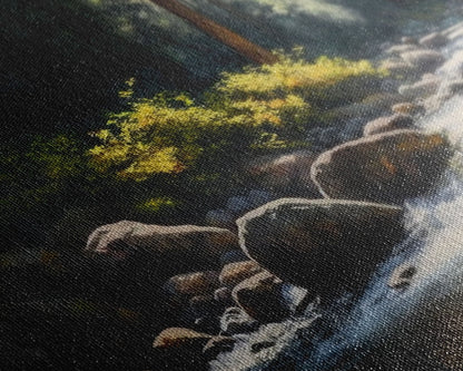 A Rocky Stream, Watercolor Art, Serene nature landscape art, framed canvas print, mouth of the river in the morning light wall art