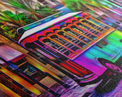 Colorful Vibrant Tram Wall Art, Palm Trees Art Print, Colored Pencil Sketch, Framed Canvas, Abstract Art, Panoramic, Wall Art, Canvas Print