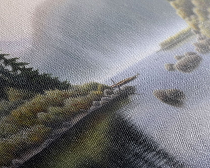 Colored Pencil Landscape Wall Art Print, Riverbank, River, Trees, Mountain, Nature Large Canvas Art Print, Panoramic, Wall Art, Canvas Print