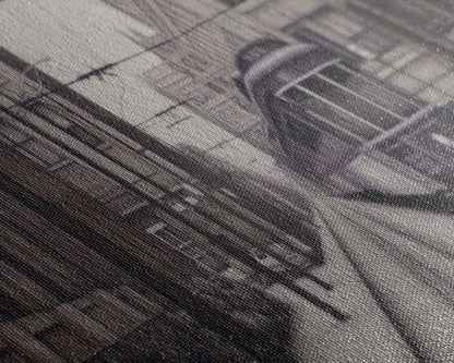 Straßenbahn-Kunstdruck, Lila Zug, Perspektivische Kunst, Stadtbild, Urbaner Leinwanddruck, Panorama, Wandkunst, Leinwanddruck