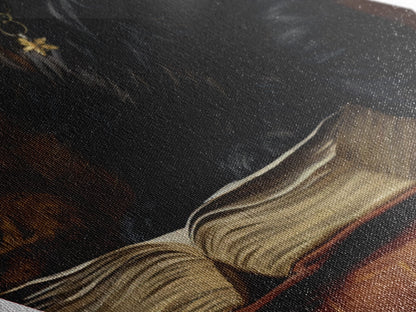 Black Cat with Spellbook and Antique Library Canvas Art Print, Dark Academia Diamond Shaped Art for Halloween Gothic Witch Decor