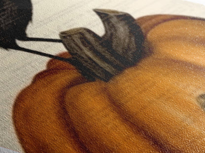 Black crow on stacked pumpkins Canvas Art Print in vintage Halloween aesthetic with dark farmhouse Diamond Shaped Art finish