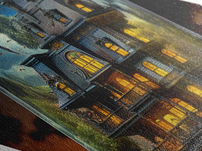 Viktorianisches Spukhaus in der Abenddämmerung – Rautenförmiger Kunstdruck auf Leinwand mit leuchtenden Fenstern – gotische Halloween-Dekoration