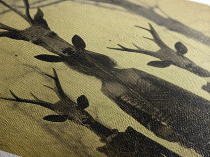 Haunting deer-headed family in eerie woods with Victorian dresses captured as Diamond Shaped Art on Canvas Embossed Print gothic Halloween