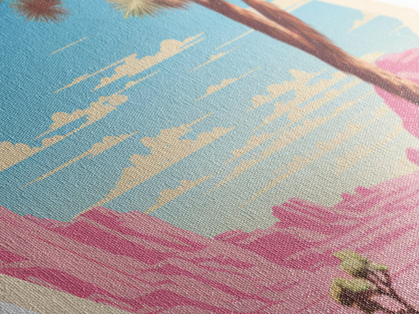 Retro-Poster „Joshua Tree Nationalpark“ mit Leinwandstruktur, Reisedeko-Kunst, Midcentury-Modern-Deko, Kalifornien-Reisekunst