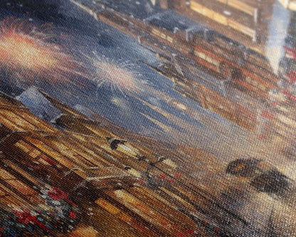 Christmas / New Years Fireworks - Framed Canvas Print - Christmas Wall Art - Christmas Oil Painting - Holiday Decor - Seasonal Art