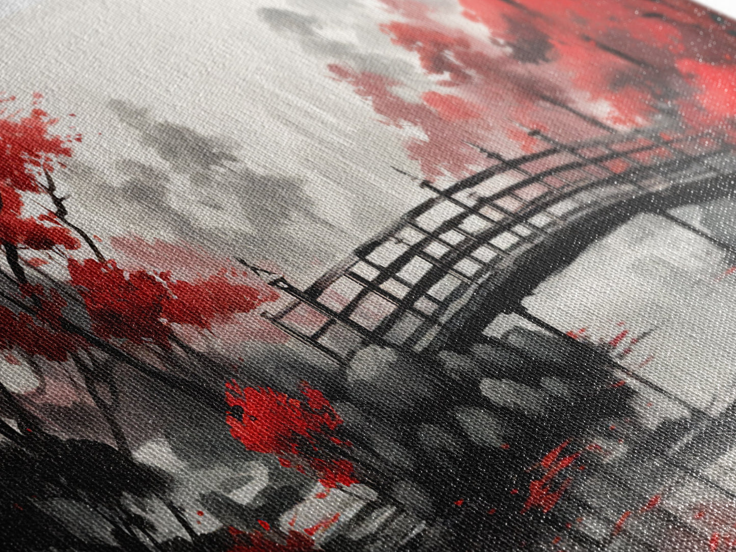 Japanese Hashi Bridge in The Spring, Framed Canvas Print, Japanese Maple Trees Along A Stream, Asian Inspired Art