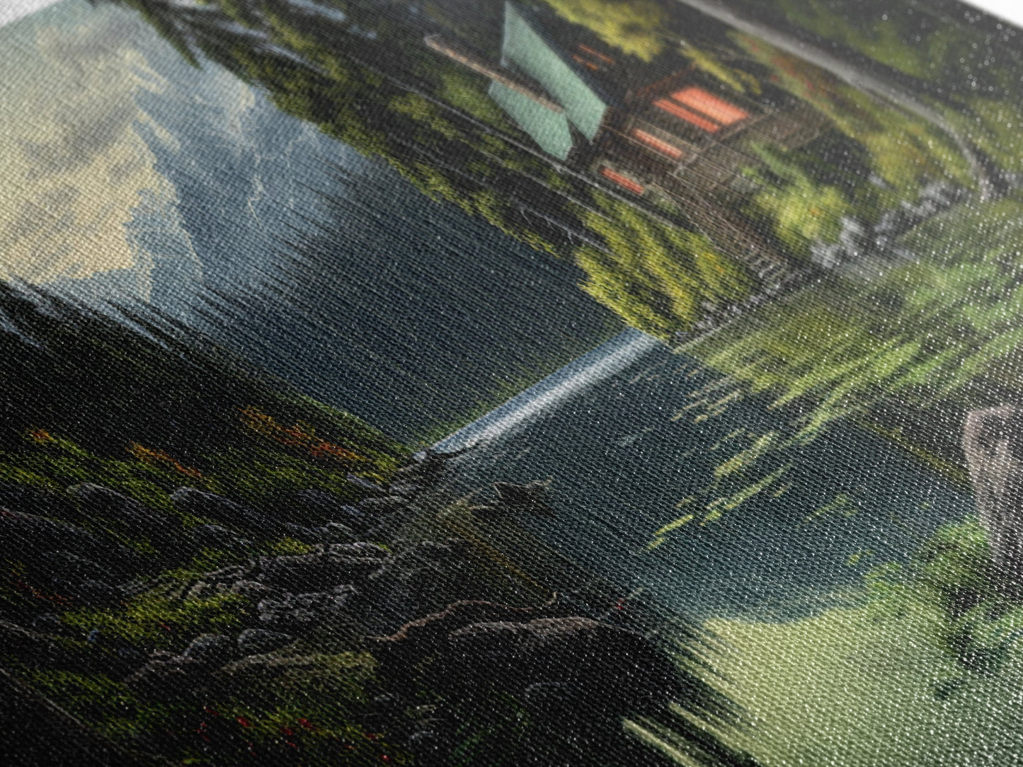 Cozy Cabin on The Lake, Framed Canvas Print, Farmhouse Decor, Landscape Painting, Unique Wall Art