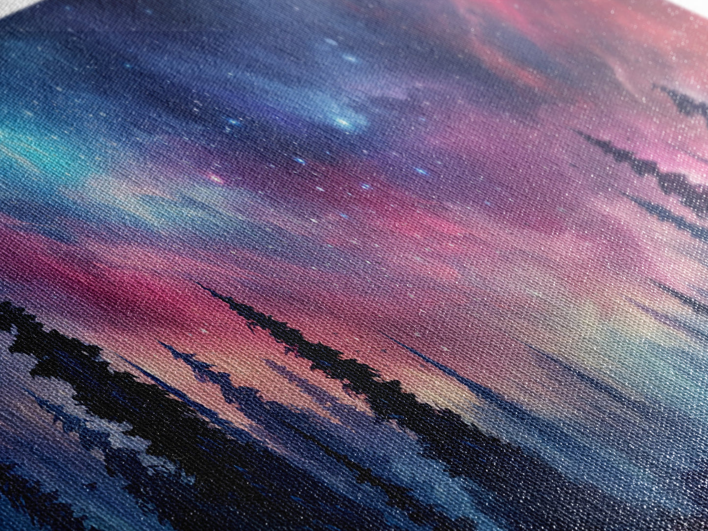 Watercolor Painting Of A Starry Night, Framed Canvas Print, Beautiful Nature Panoramic, Alaska Wilderness Art