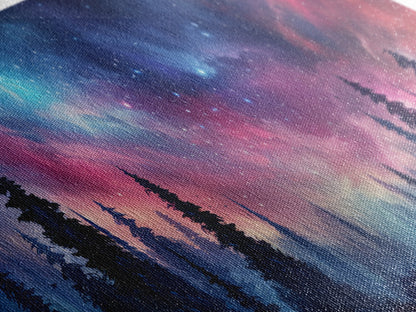 Watercolor Painting Of A Starry Night, Framed Canvas Print, Beautiful Nature Panoramic, Alaska Wilderness Art