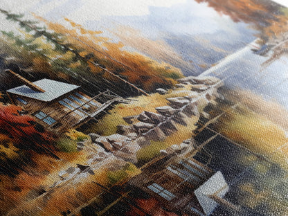 Rustic Lake Cabin at Dusk Watercolor Painting | Peaceful Wilderness Landscape Canvas Print | Modern Country Decor and Nature Lovers