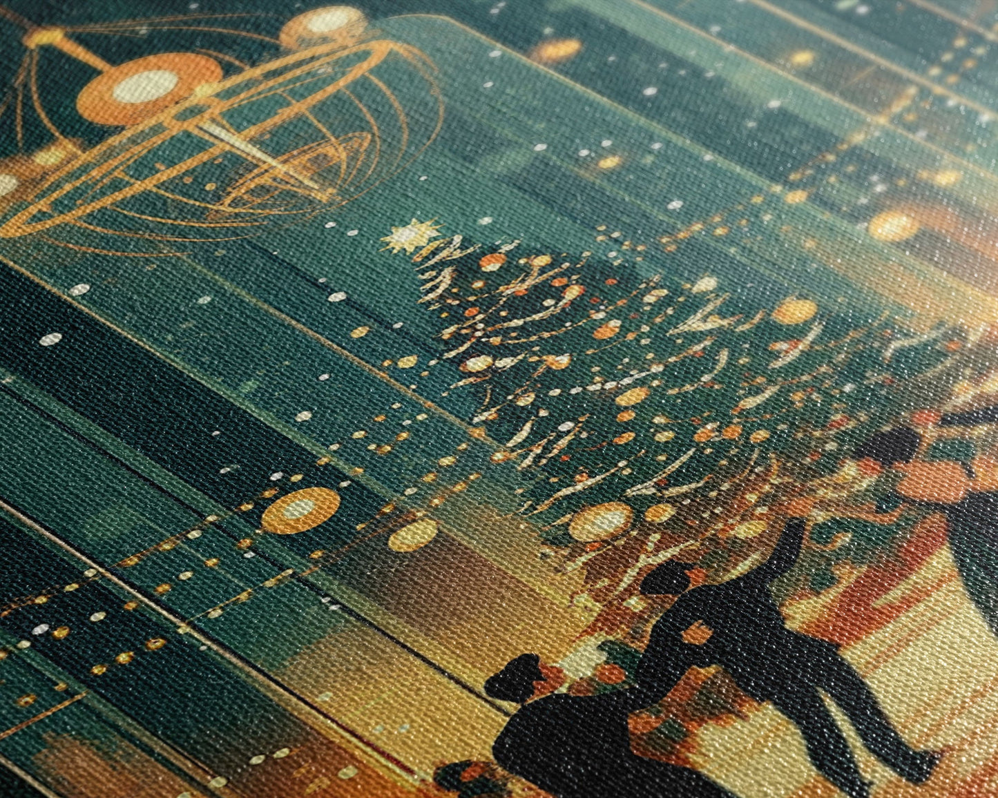 Elegant Ballroom Christmas Dance Scene with Holiday Lights and Decorations, Perfect Holiday Decor for Winter Wonderland, Framed Canvas Print