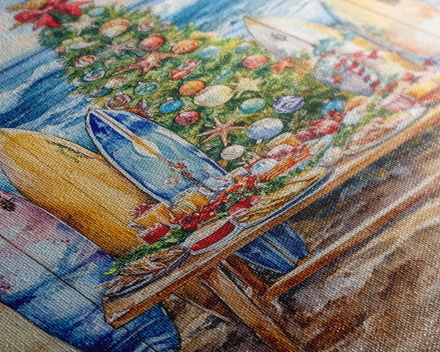 Christmas tree with surfboards on the beach, Framed Canvas Print tropical holiday wall art perfect beach Christmas decor holiday gift idea