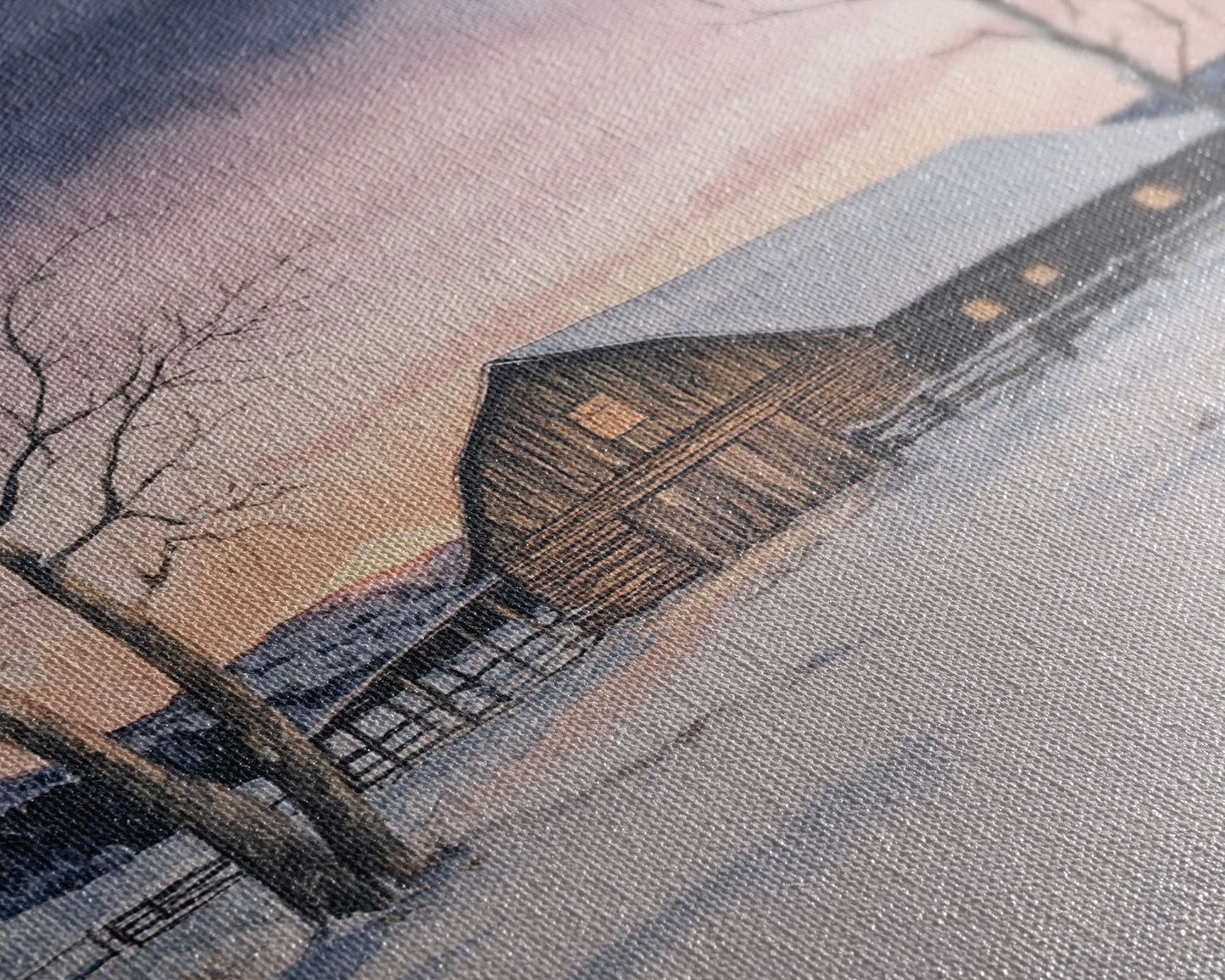 Scheune im Winter, gerahmter Leinwanddruck, Winterlandschaftsdruck, rustikale Weihnachtskunst, Dekoration im Landhausstil