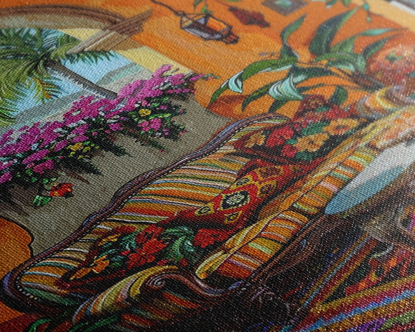 Mediterranean Courtyard Lounge Framed Canvas Print Spanish Style Home Decor Best Gift Bright Seasonal Art Above Sofa Wall Art