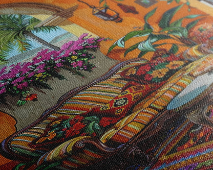 Mediterranean Courtyard Lounge Framed Canvas Print Spanish Style Home Decor Best Gift Bright Seasonal Art Above Sofa Wall Art