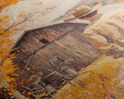 Autumn Cowboy Barn Framed Canvas Print - Fall Harvest Country Wall Art Best Gift Idea 2024 Rustic Farmhouse Decor