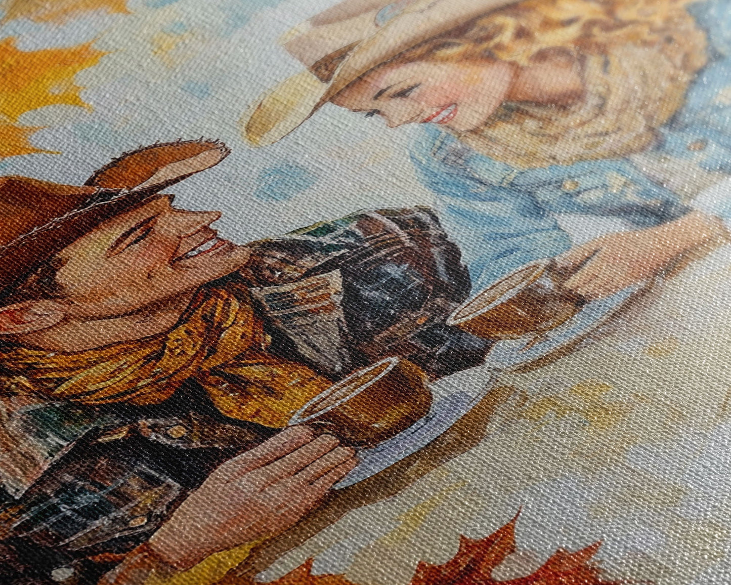 Cowboy and Cowgirl Fall Scene Framed Canvas Print - 2024 Rustic Autumn Love Country Art Gift Idea Fall Wall Decor