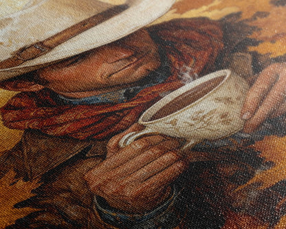 Cowboy Holding Hot Drink Framed Canvas Print - Moody Winter Landscape Art Perfect 2024 Christmas Wall Decor