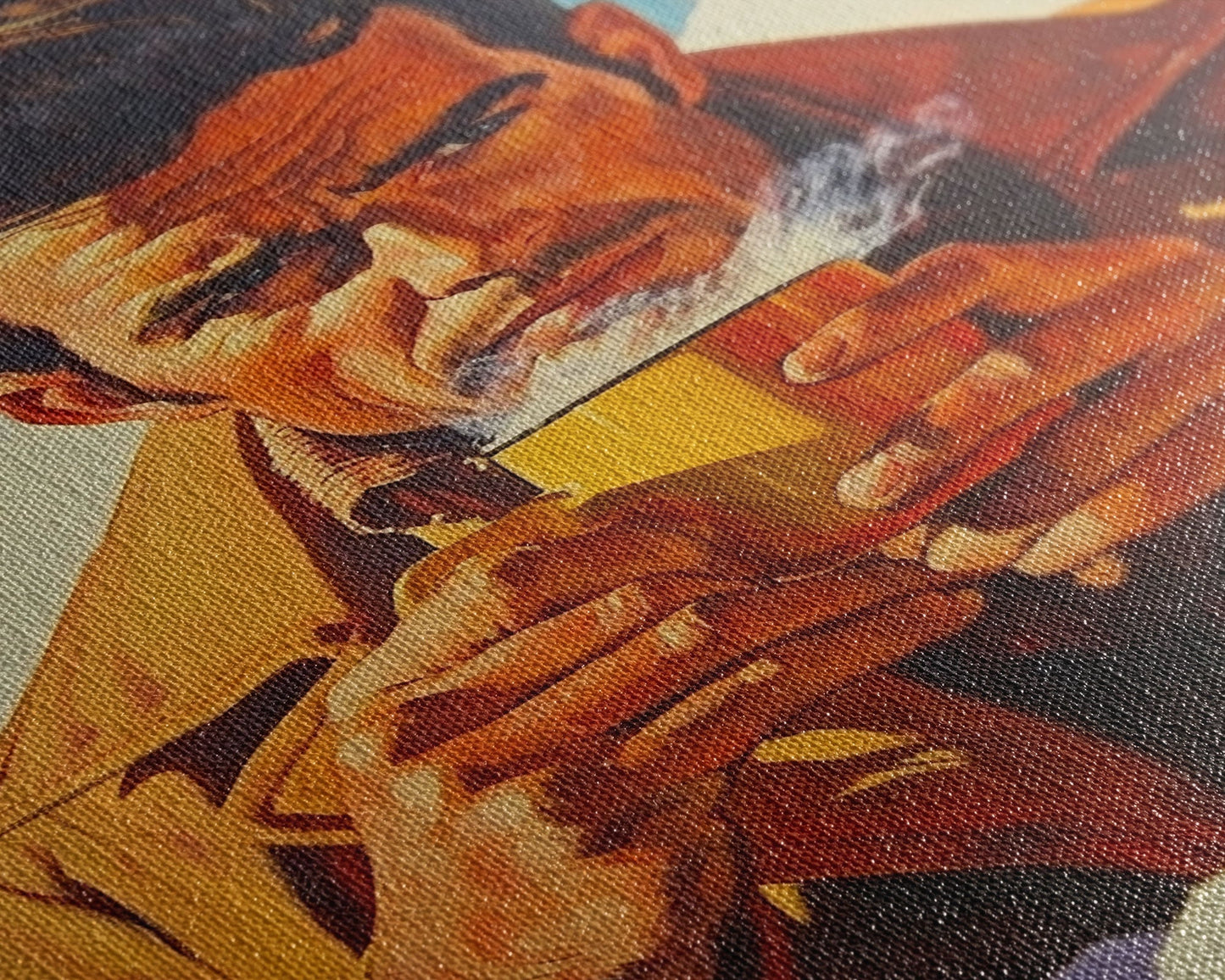 Cowboy Drinking Coffee in Winter Cabin Framed Canvas Print - Cozy Christmas Wall Art 2024 Rustic Holiday Decor