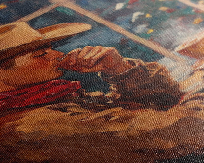 Cowboy in Snow with Coffee Framed Canvas Print - Winter Country Scene Art 2024 Cozy Christmas Wall Decor and Gift Idea