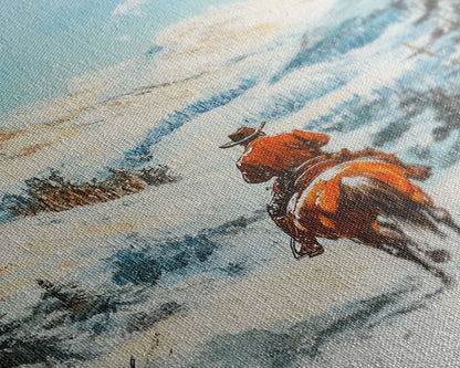 Cowboy reitet durch verschneite Berge – Gerahmter Leinwanddruck – Weihnachtswandbild – Winterwunderland-Dekoration – Saisonale Wanddekoration – Geschenkidee zu Weihnachten