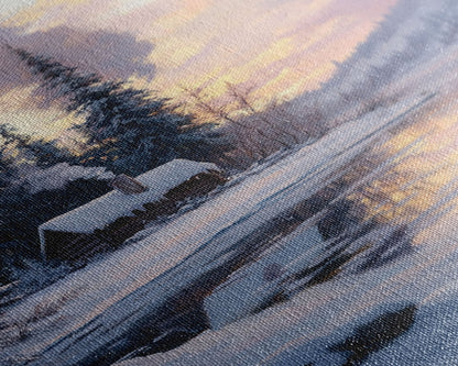 Cabin In Snowy Forest Framed Canvas Print Wall Art Winter Landscape Decor, Cozy Christmas Art Gift, Rustic Winter Wonderland Art