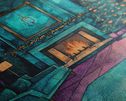 Cozy living room with Christmas tree and fireplace, Framed Canvas Print, Christmas wall art, perfect modern farmhouse holiday decor