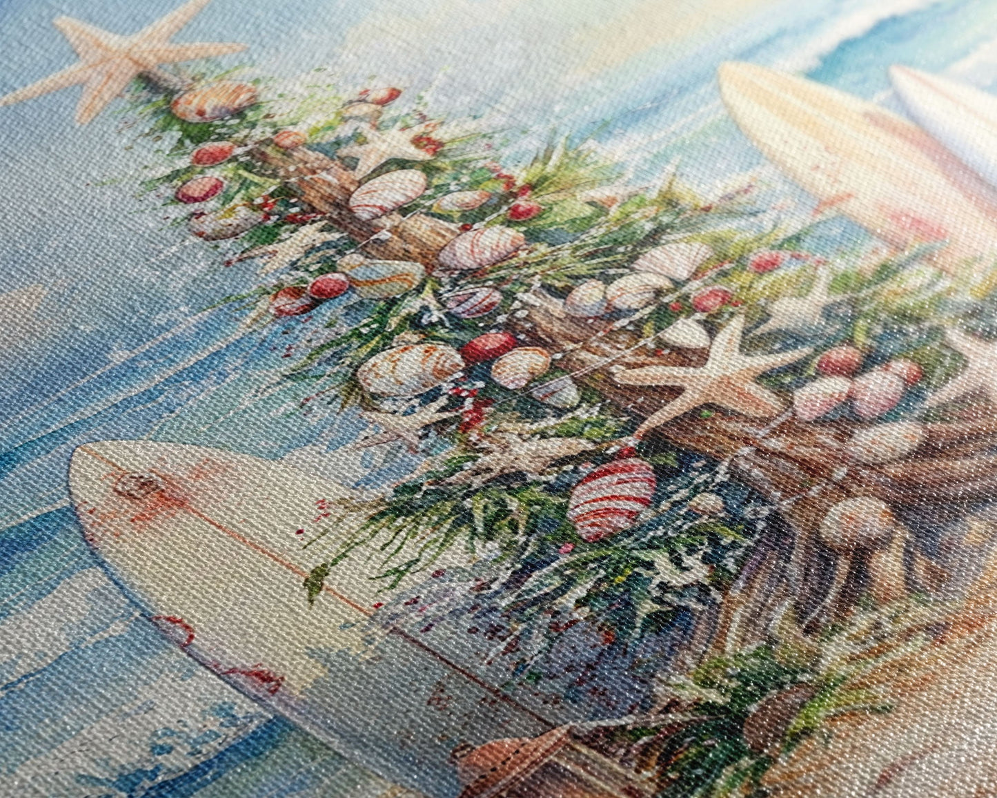 Coastal Christmas tree with surfboards at the beach Framed Canvas Print, tropical holiday wall art beach Christmas decor Christmas prints