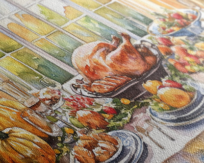 Framed Canvas Print Autumn Thanksgiving Dinner Table Art with Pumpkins, Perfect Fall Home Decor, Seasonal Wall Art, and Gallery Wall Piece