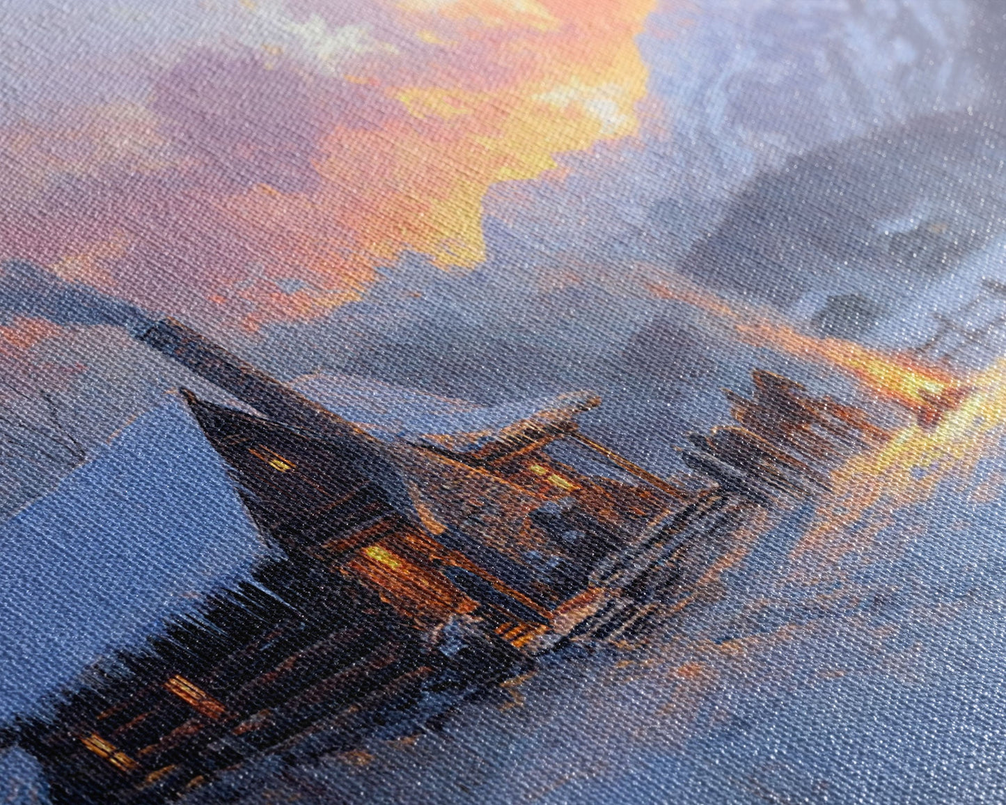 Cozy Snowy Log Cabin Tall Art Framed Canvas Print Winter Home Decor With Warm Fireplace And Horse Rider Under A Beautiful Sunset Scene