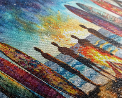 Canvas Print Beach Bonfire with Surfboards Under Stars, Coastal Christmas Art, Tropical Holiday Wall Art, Beach Christmas Decor