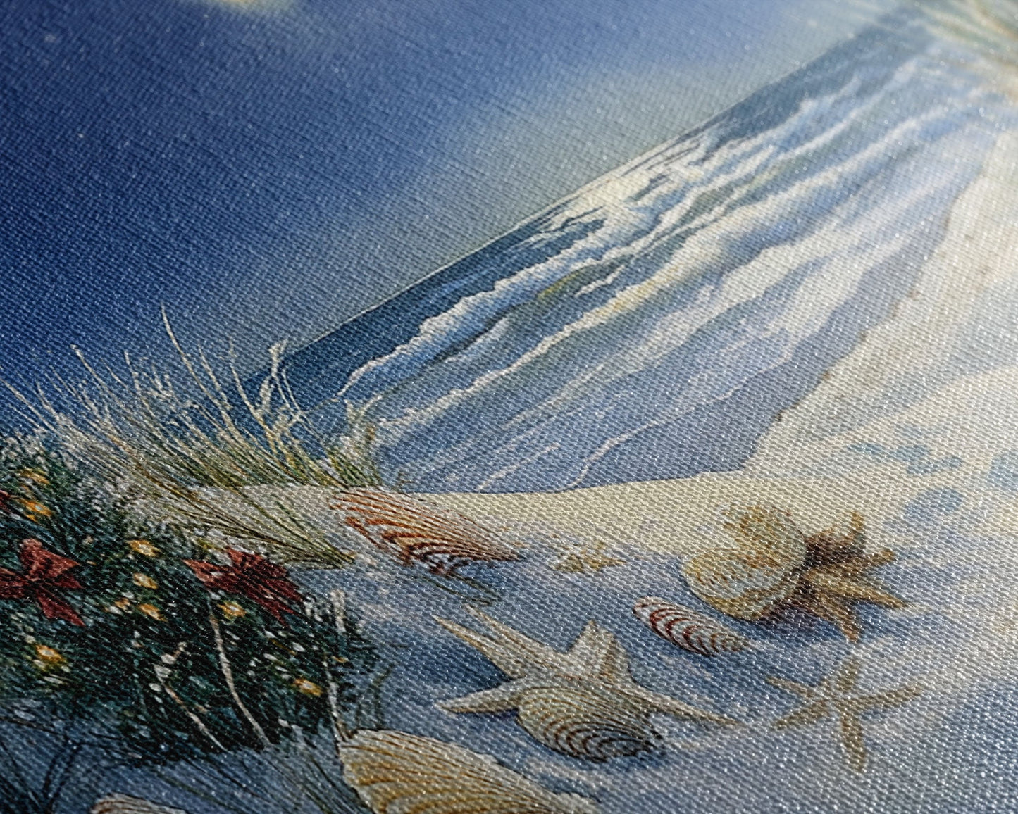 Christmas Tree on Snowy Beach with Full Moon, Framed Canvas Print, Coastal Christmas Art, Nautical Holiday Decor, Winter Wonderland, Beach